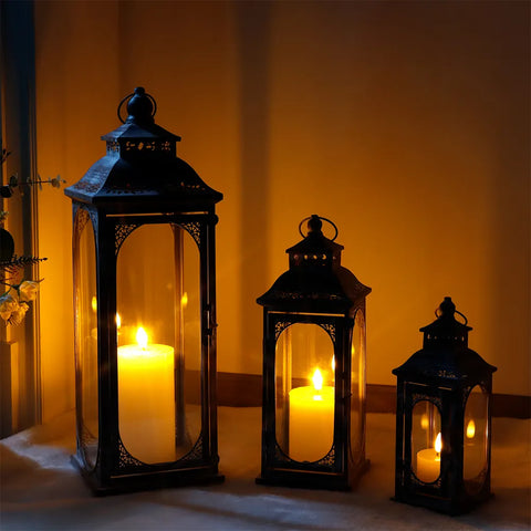 (Set of 3) Grey Metal Candle Lantern Vintage Candle Holder Glass Grey Lantern Set for Home Decor