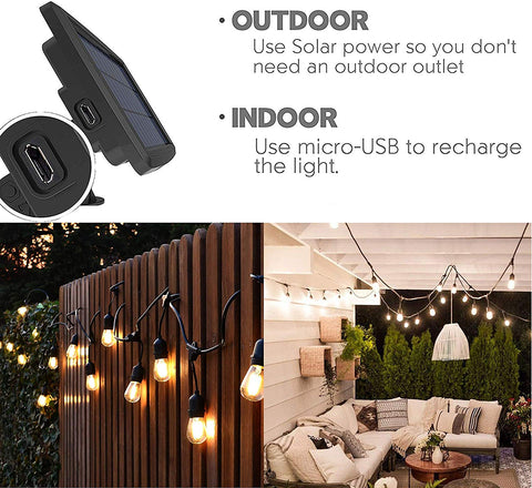15m String Lights with 20 LED Edison Bulbs – Dual Power (Solar & Mains), Outdoor/Indoor Waterproof Garden Patio Lighting
