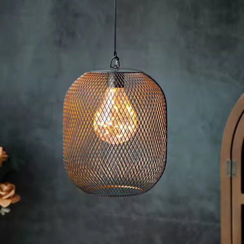 Indoor Bedside Hanging Light Cordless Battery Light Industrial Pendants Metal Mesh Lampshade Light With Hook