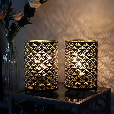 Set of 2 Retro Bedside Battery Nightlight Cordless Decorative Tabletop Lamp Fan-shaped Pattern Portable Holiday Light for Gift