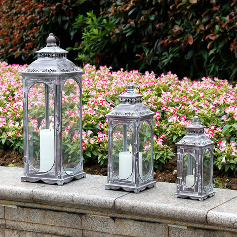(Set of 3) Grey Metal Candle Lantern Vintage Candle Holder Glass Grey Lantern Set for Home Decor