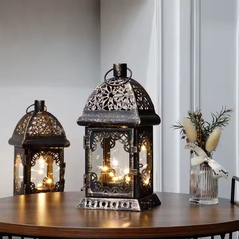 Wholesale Black Brushed Gold Luxury Mini Metal Lanterns 2pcs 1set