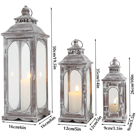 (Set of 3) Grey Metal Candle Lantern Vintage Candle Holder Glass Grey Lantern Set for Home Decor