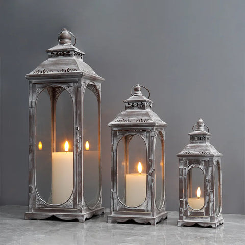 (Set of 3) Grey Metal Candle Lantern Vintage Candle Holder Glass Grey Lantern Set for Home Decor
