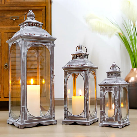 (Set of 3) Grey Metal Candle Lantern Vintage Candle Holder Glass Grey Lantern Set for Home Decor