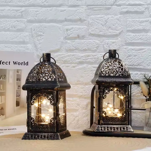 Wholesale Black Brushed Gold Luxury Mini Metal Lanterns 2pcs 1set