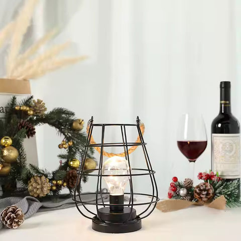 RTS 8.5" Cage Bulb Lantern Bedside Lamp Battery Powered Cordless Accent Light with Warm White Fairy Lights LED Edison Bulb Lamp