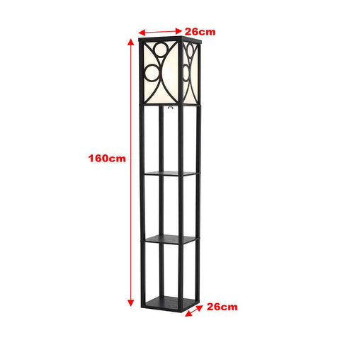 3 in 1 Wooden and Linen Floor Lamp with Shelves,Black Geometric Pattern
