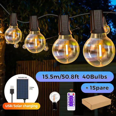 Solar and USB Festoon Outdoor Lights 40 G40 Bulbs 15.5m