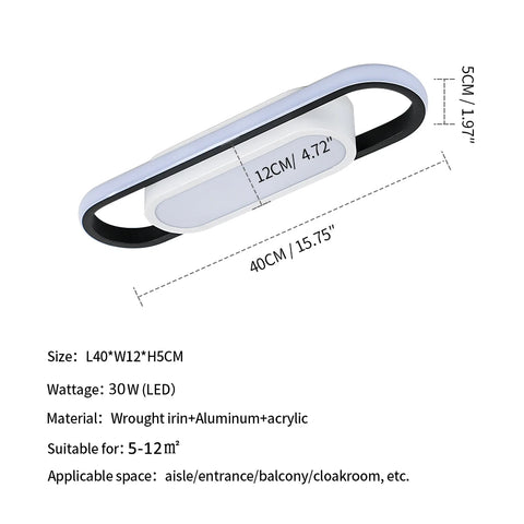 LED Ceiling Light Rectangular 24W,6500K Cool White Light, Acrylic Ceiling Light for Bedroom, Kitchen, L40 x W12cm