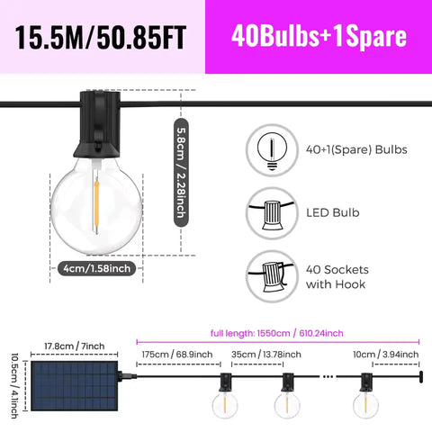 Solar and USB Festoon Outdoor Lights 40 G40 Bulbs 15.5m