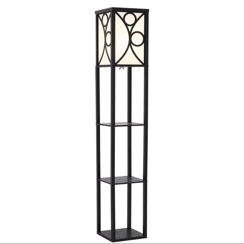 3 in 1 Wooden and Linen Floor Lamp with Shelves,Black Geometric Pattern