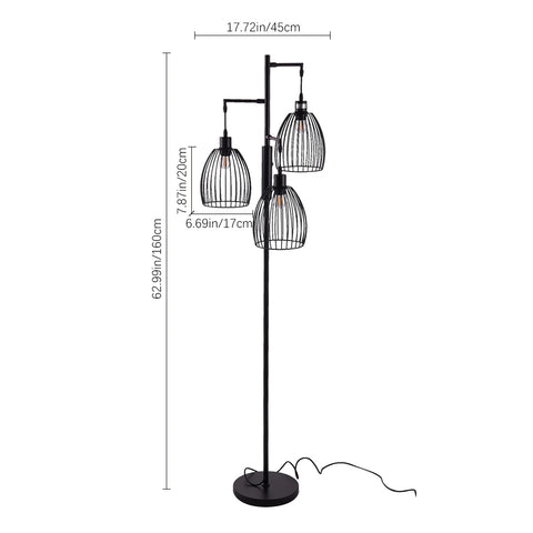 KOMORE Black Modern Industrial Style 3-head Floor Lamp with Irregular Shade for Living Room Office, Bedroom, Hallway, Porch