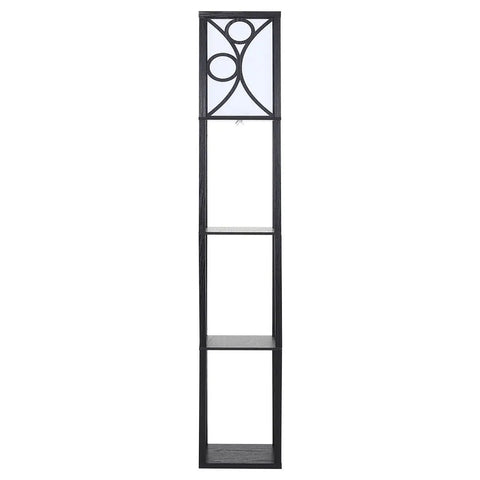 3 in 1 Wooden and Linen Floor Lamp with Shelves,Black Geometric Pattern