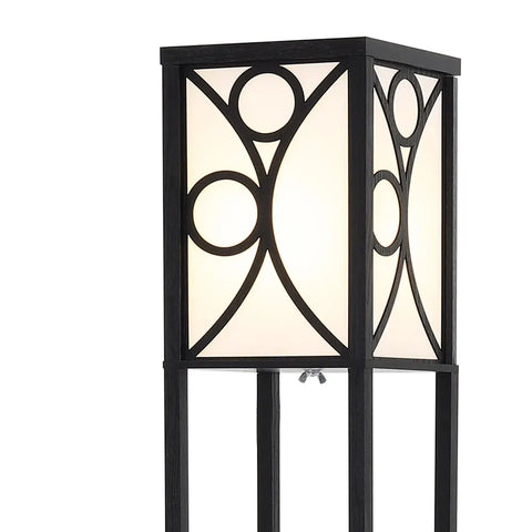 3 in 1 Wooden and Linen Floor Lamp with Shelves,Black Geometric Pattern