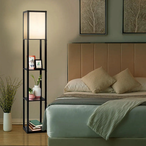 GOFLAME Freestanding Floor Lamp W/ 3-Tier Storage Shelf Narrow Corner Nightstand Light
