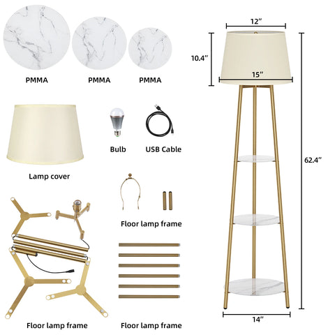 LUVODI Modern Tripod LED Floor Lamp with 3 Tiered Shelves Storage Standing Corner Lamps