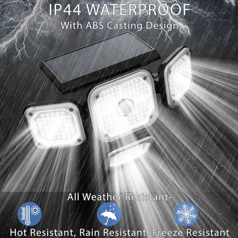 Solar flood lights with IP44 waterproof rating and ABS casting design on a dark background with lightning effects.