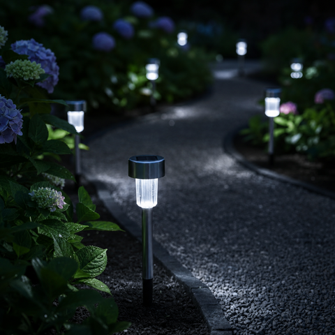 Garden pathway with solar-powered lights illuminating a path through flowers at night.