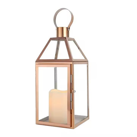 Rose Gold Metal Flame Glass Candle Lantern Stainless Steel Hanging Floor Lantern for Home Wedding Decor