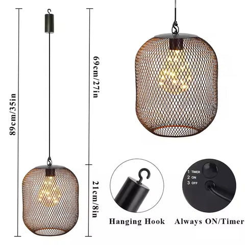 Indoor Bedside Hanging Light Cordless Battery Light Industrial Pendants Metal Mesh Lampshade Light With Hook