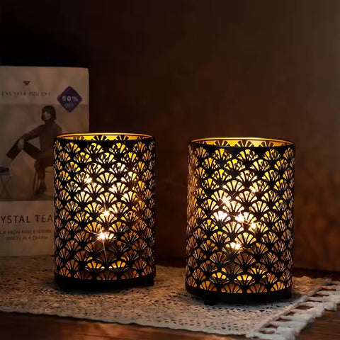 Set of 2 Retro Bedside Battery Nightlight Cordless Decorative Tabletop Lamp Fan-shaped Pattern Portable Holiday Light for Gift