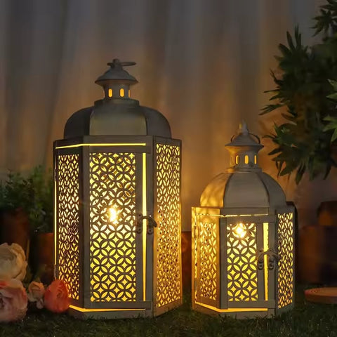 Set of 2 Vintage Design White Iron Lantern Moroccan Decorative Wedding Christmas Floor Candle Holder Lantern