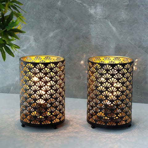 Set of 2 Retro Bedside Battery Nightlight Cordless Decorative Tabletop Lamp Fan-shaped Pattern Portable Holiday Light for Gift