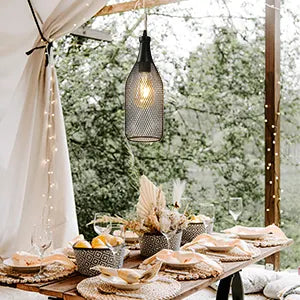 Hanging Metal Pendant Lamp Wire Metal Cage Wine Shape Led Black Lamp with Bulb for Kitchen Restaurant Dining Room Decoration