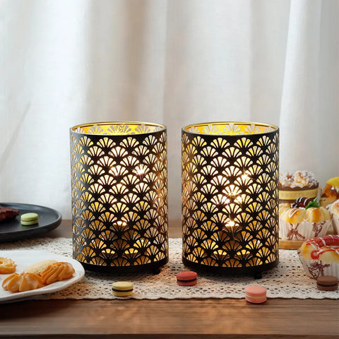 Set of 2 Retro Bedside Battery Nightlight Cordless Decorative Tabletop Lamp Fan-shaped Pattern Portable Holiday Light for Gift