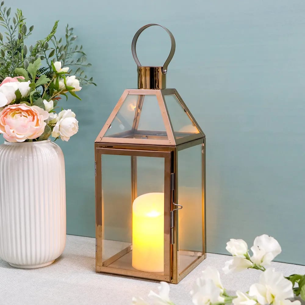 Rose Gold Metal Flame Glass Candle Lantern Stainless Steel Hanging Floor Lantern for Home Wedding Decor