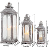 (Set of 3) Grey Metal Candle Lantern Vintage Candle Holder Glass Grey Lantern Set for Home Decor