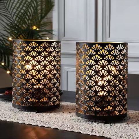 Set of 2 Retro Bedside Battery Nightlight Cordless Decorative Tabletop Lamp Fan-shaped Pattern Portable Holiday Light for Gift