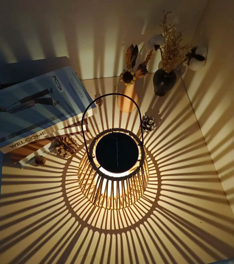 Rattan Solar Lantern IP6 Waterproof Hanging Bamboo Chandelier Lamp Solar Powered Rattan Weaving Light for Garden Patio Courtyard
