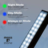 LED light strip with mode indicators and moss & stone branding on a gray background