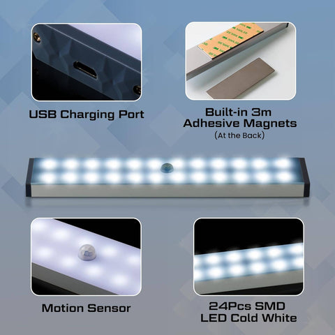 LED strip light with USB charging port, adhesive magnets, motion sensor, and SMD LEDs on a blue background.