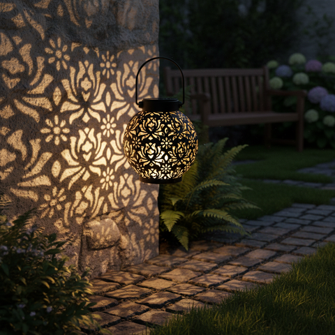 Decorative garden lantern casting intricate patterns on a stone wall at night.