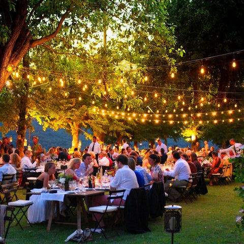 Outdoor evening event with string lights and people seated at tables under trees.