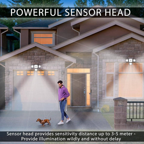 Person walking a dog in front of a house with security lights on the walls.