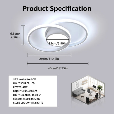 LED Ceiling Light 40cm Diameter,42W Modern Round Ceiling Lamp 4800lm,Cool White 6500K,White Ceiling Light for Living Room Dining