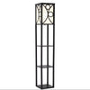 3 in 1 Wooden and Linen Floor Lamp with Shelves,Black Geometric Pattern