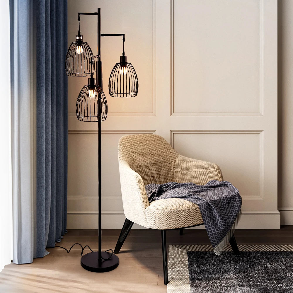 KOMORE Black Modern Industrial Style 3-head Floor Lamp with Irregular Shade for Living Room Office, Bedroom, Hallway, Porch