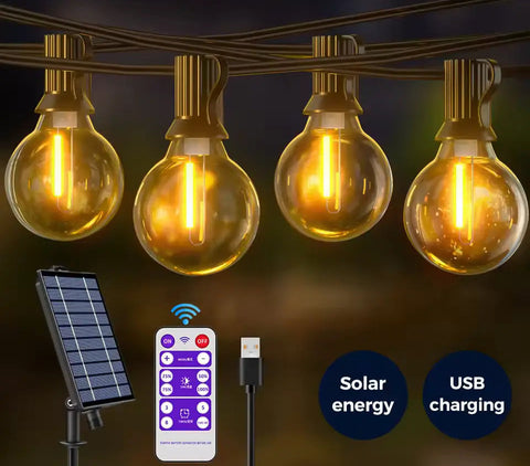 Solar and USB Festoon Outdoor Lights 40 G40 Bulbs 15.5m