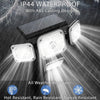 Solar flood lights with IP44 waterproof rating and ABS casting design on a dark background with lightning effects.