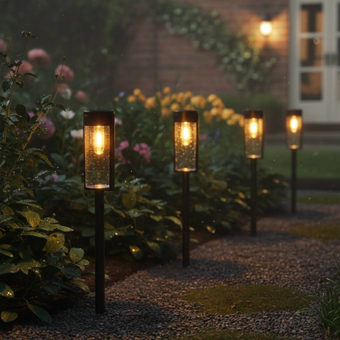 (4 Pack) Solar Outdoor Waterproof Round Shape Garden Lights with Sensor Black