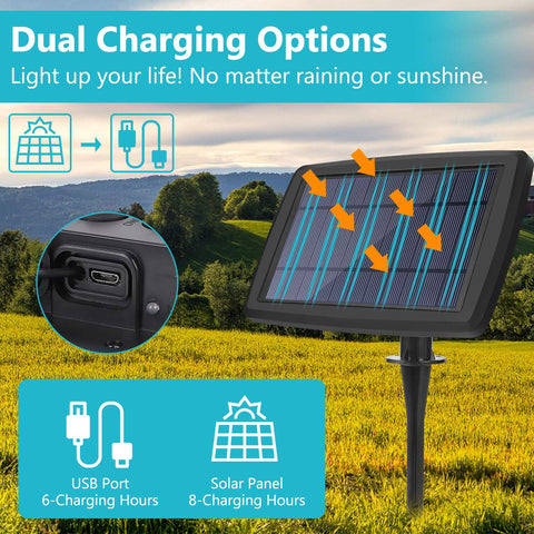 Solar panel with dual charging options in a field, featuring USB port and solar panel icons.