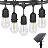 String of clear light bulbs with black holders and a solar panel on a white background