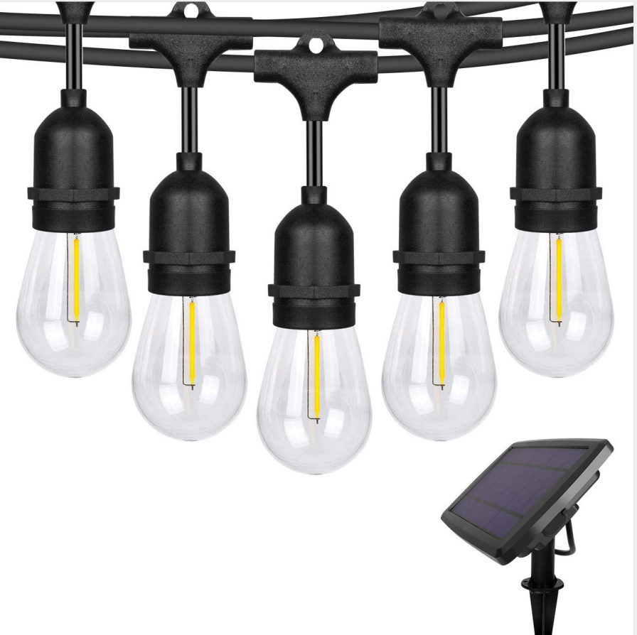 String of clear light bulbs with black holders and a solar panel on a white background