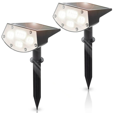 Two solar-powered outdoor lights with metallic finish on a white background