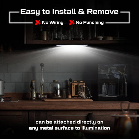 Under-cabinet light fixture in a kitchen with text highlighting ease of installation.